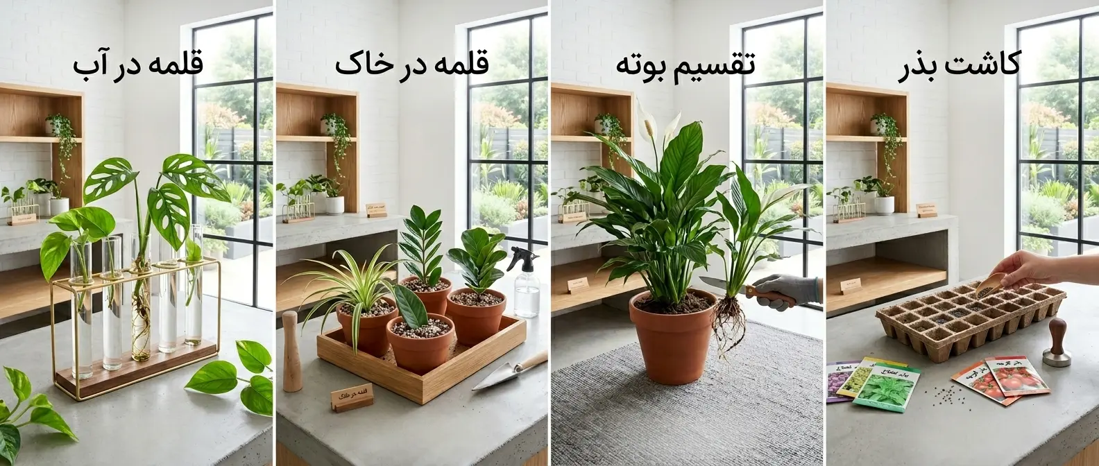 چهار روش مختلف تکثیر گیاهان شامل قلمه در آب، قلمه در خاک، تقسیم بوته و کاشت بذر