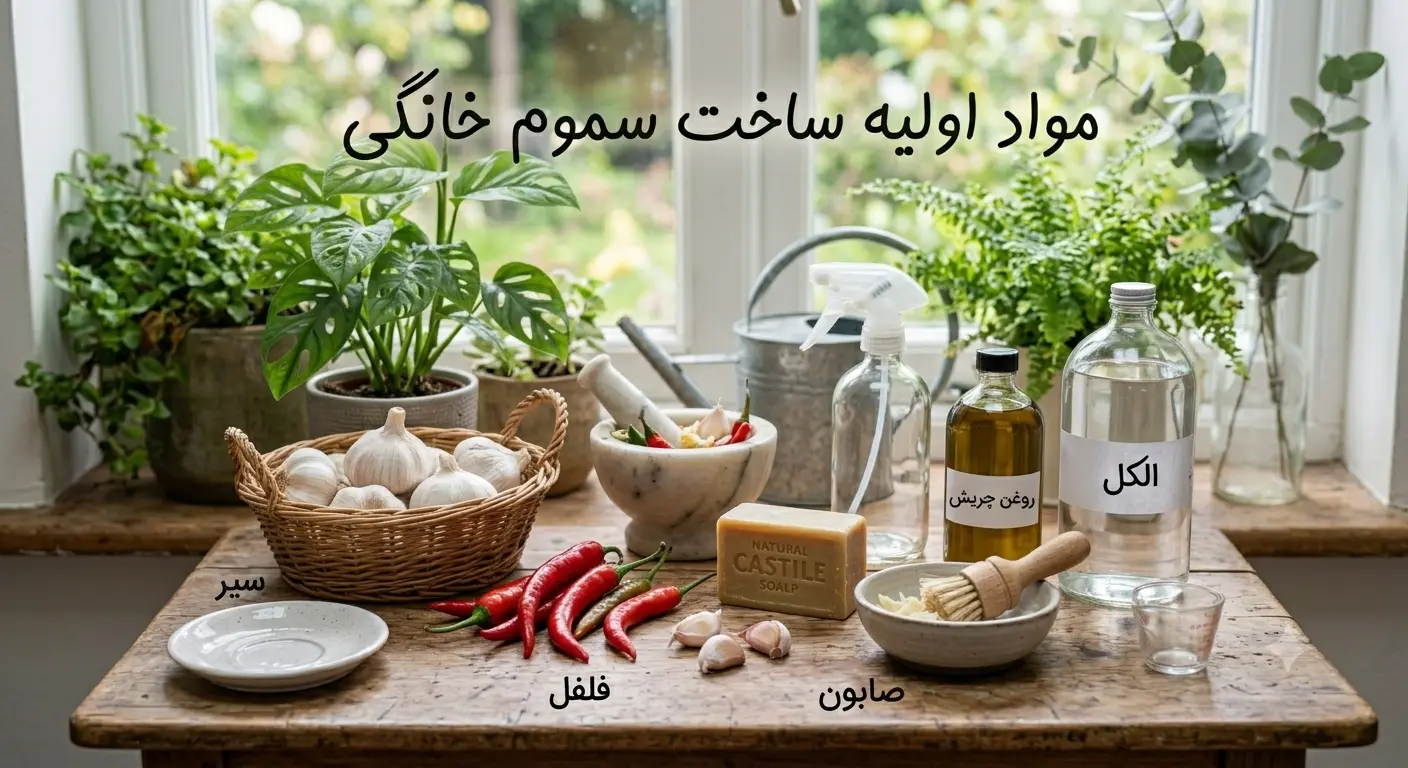 مواد اولیه ساخت سموم خانگی شامل سیر، فلفل، صابون، روغن چریش و الکل