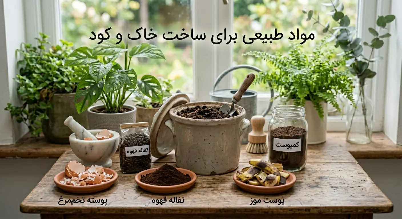 مواد طبیعی برای ساخت خاک و کود شامل پوست موز، تفاله قهوه، پوسته تخممرغ و کمپوست