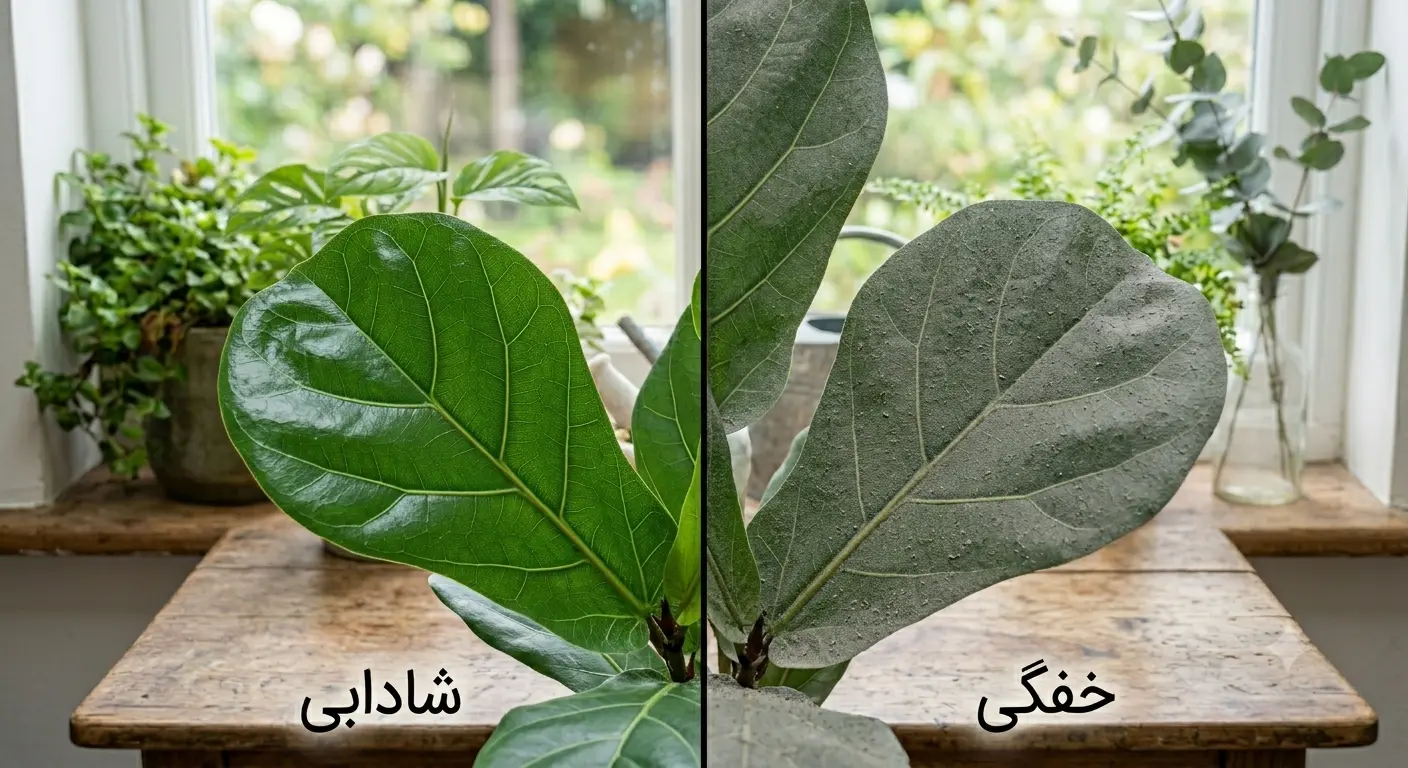 مقایسه یک برگ تمیز و براق با یک برگ گرد و غبار گرفته در یک گیاه